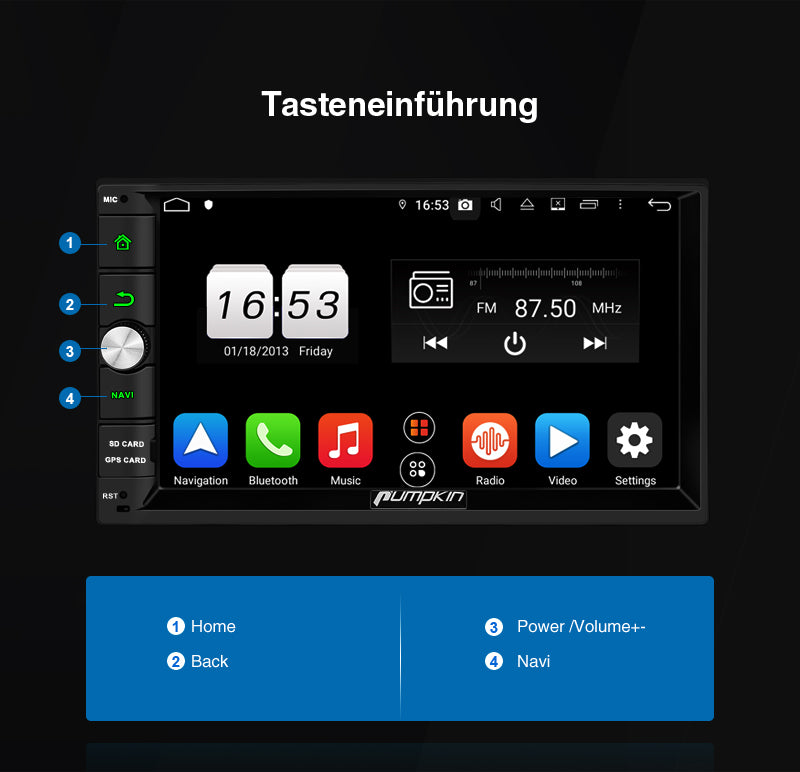 Pumpkin 2 Din 7 Zoll Android 9.0 Universal Autoradio 8 Core mit Navi 4GB RAM, Unterstützt Bluetooth DAB + Android Auto WiFi 4G USB/SD