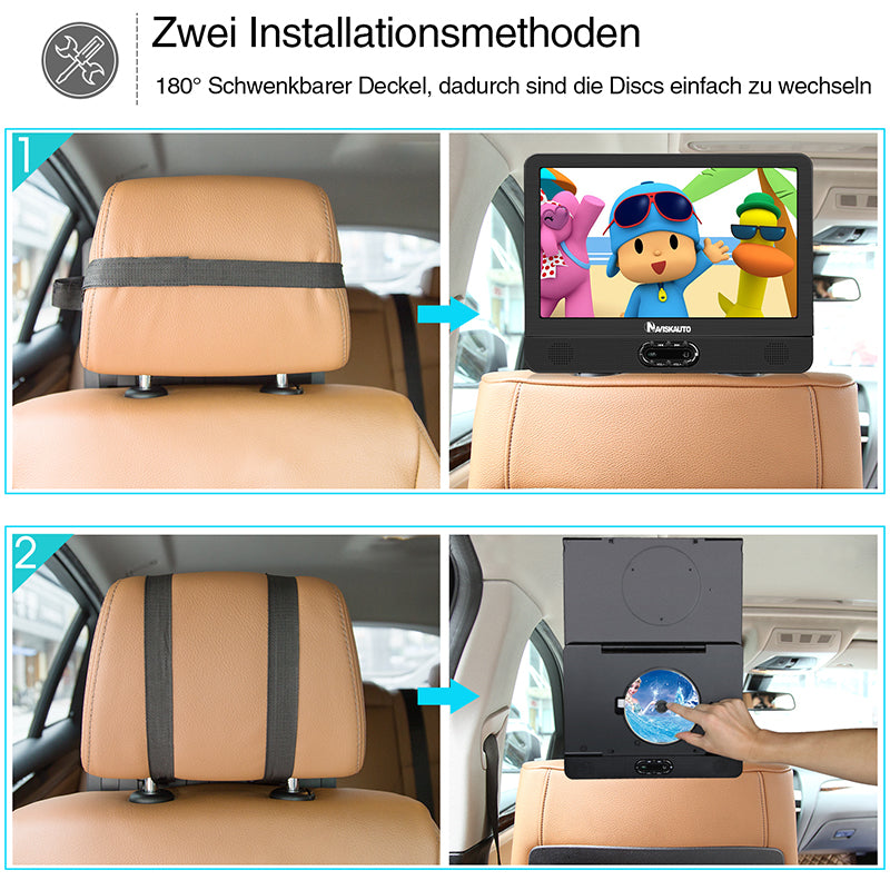 Naviskauto 2 12 Zoll Kopfstützen DVD Player für Auto, Tragbarer TV für Kinder mit Klapp-Design, Unterstützt USB/SD/MMC-Wiedergabe