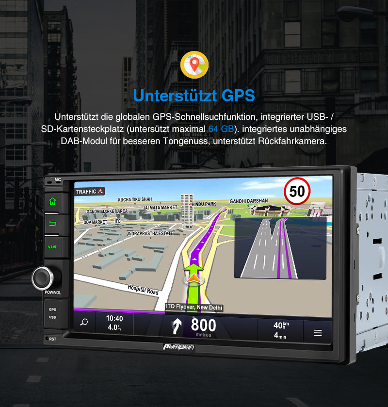 Pumpkin 2 Din Universal Autoradio mit Android 9.0 Betriebssystem und 7 Zoll Bildschirm, Quad-Core-Prozessor, Unterstützt Navi GPS, Bluetooth USB/SD WIFI DAB +