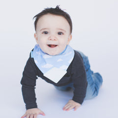 Baby wearing BooginHead Bandana Teether Bib Blue Sky