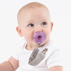 Baby using gray fluff pacifier clip by BooginHead