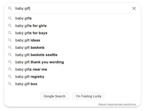 Google search: baby gift, with autofilled answers