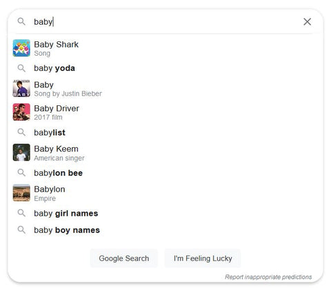 Google search: baby, with autofilled answers