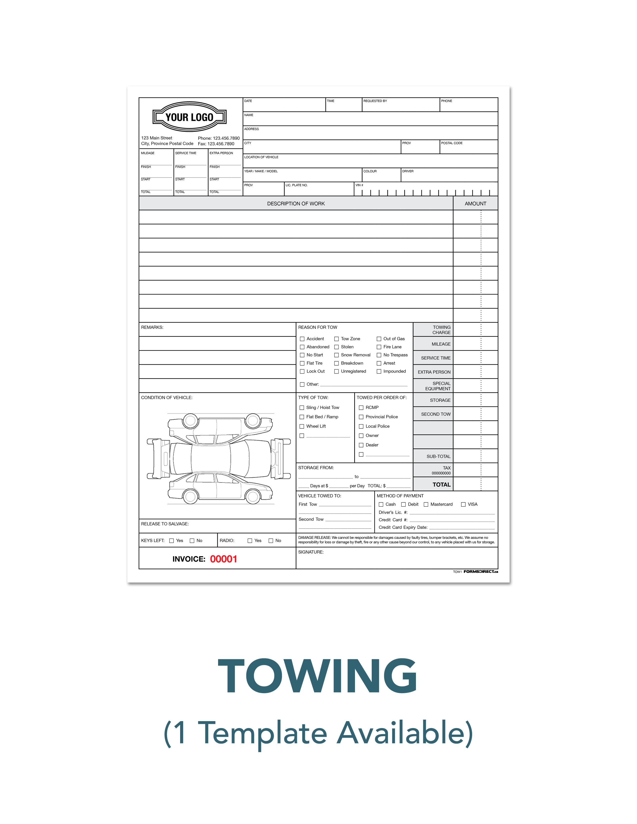Towing Invoices & Receipts Roadside Auto Recovery Authorization Form