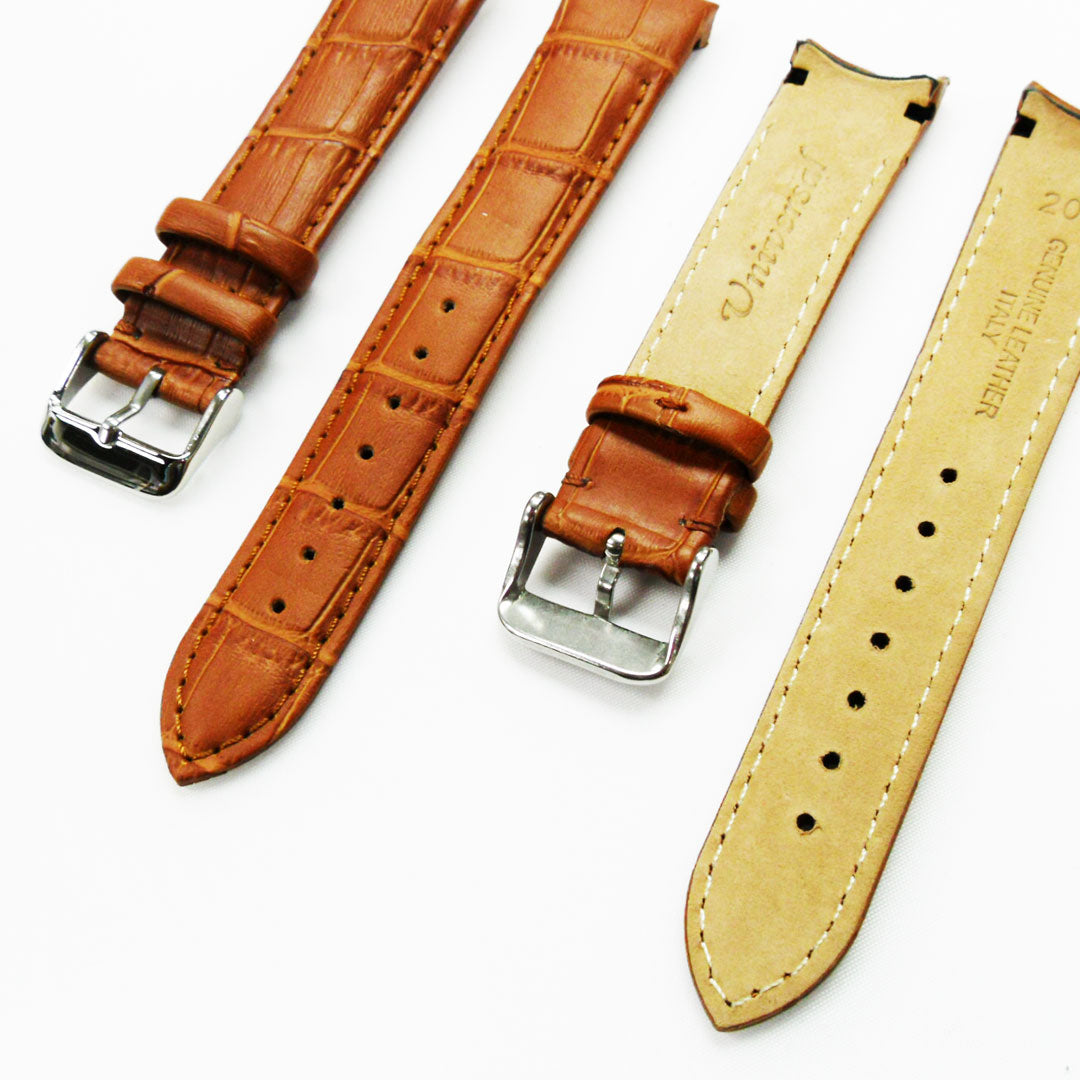 Alligator Curved Genuine Leather Watch Strap, 20MM, Light Brown Color,