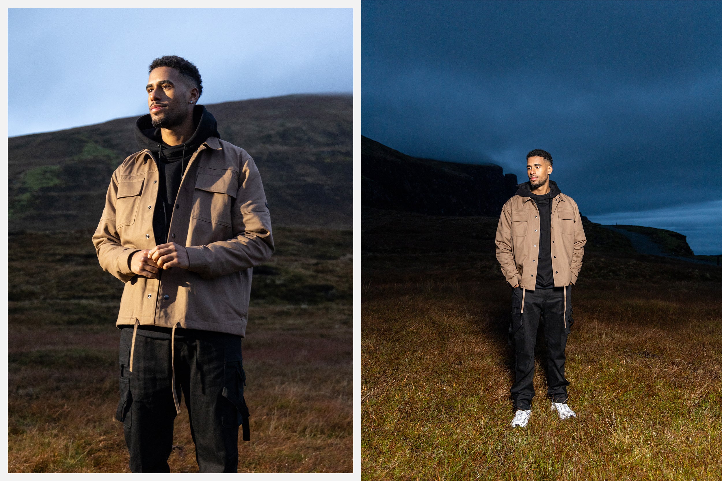 A male model in brown drawstring shacket and black cargo pantsstand atop the Isle of Skye.