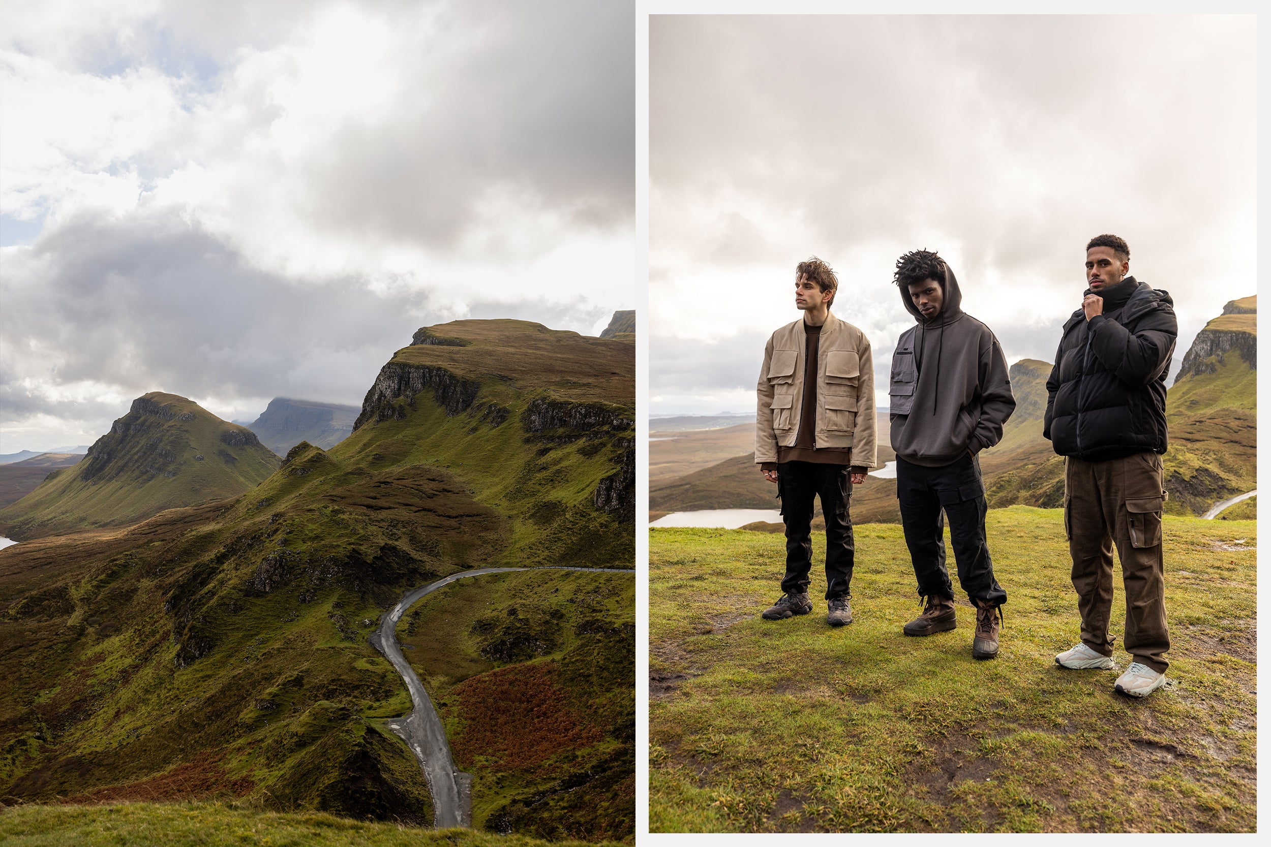 Three male models in black cargo pants and jackets stand atop the Isle of Skye.