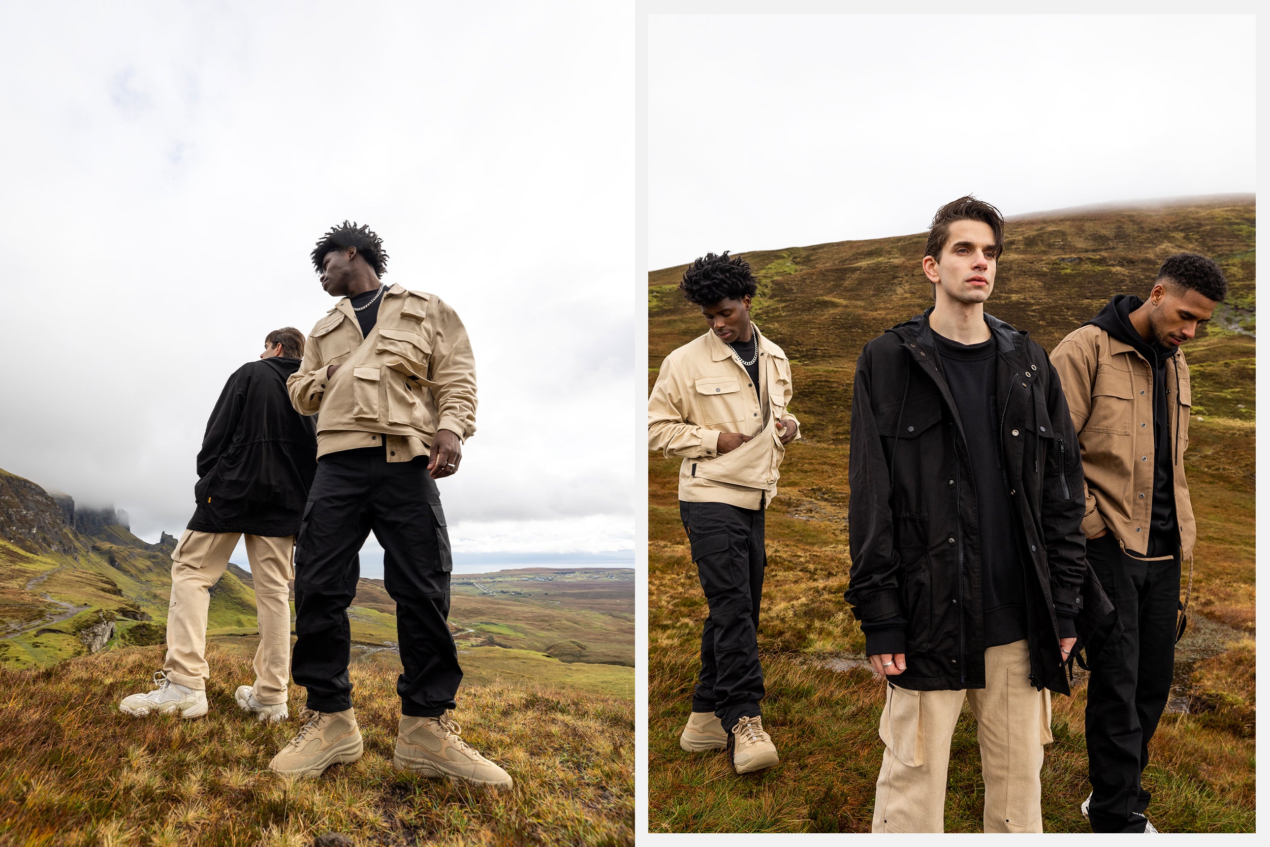 Three male models in black cargo pants and jackets stand atop the Isle of Skye.