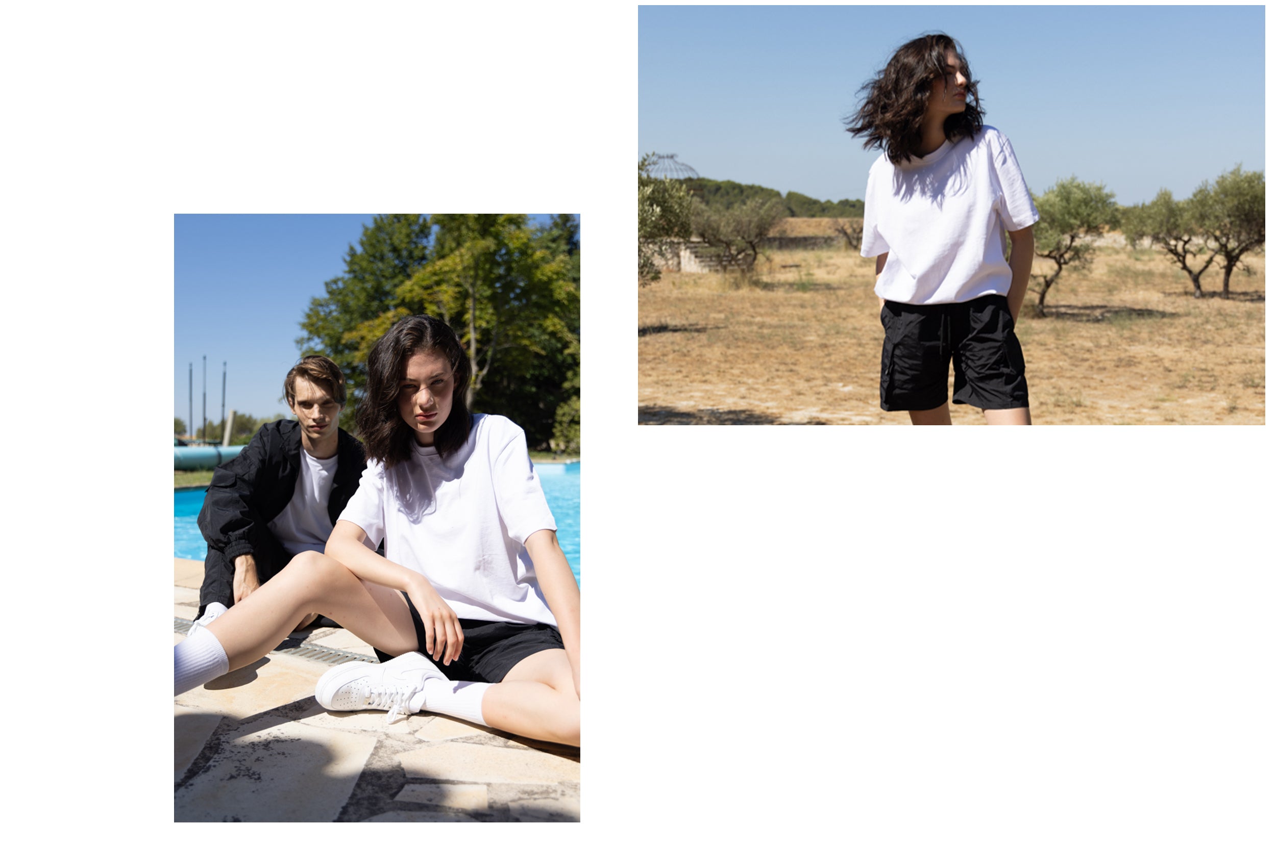 A male model a black zip-up jacket and black cargo shorts is sitting next to a pool with a female model wearing a white tank top and black cargo shorts.