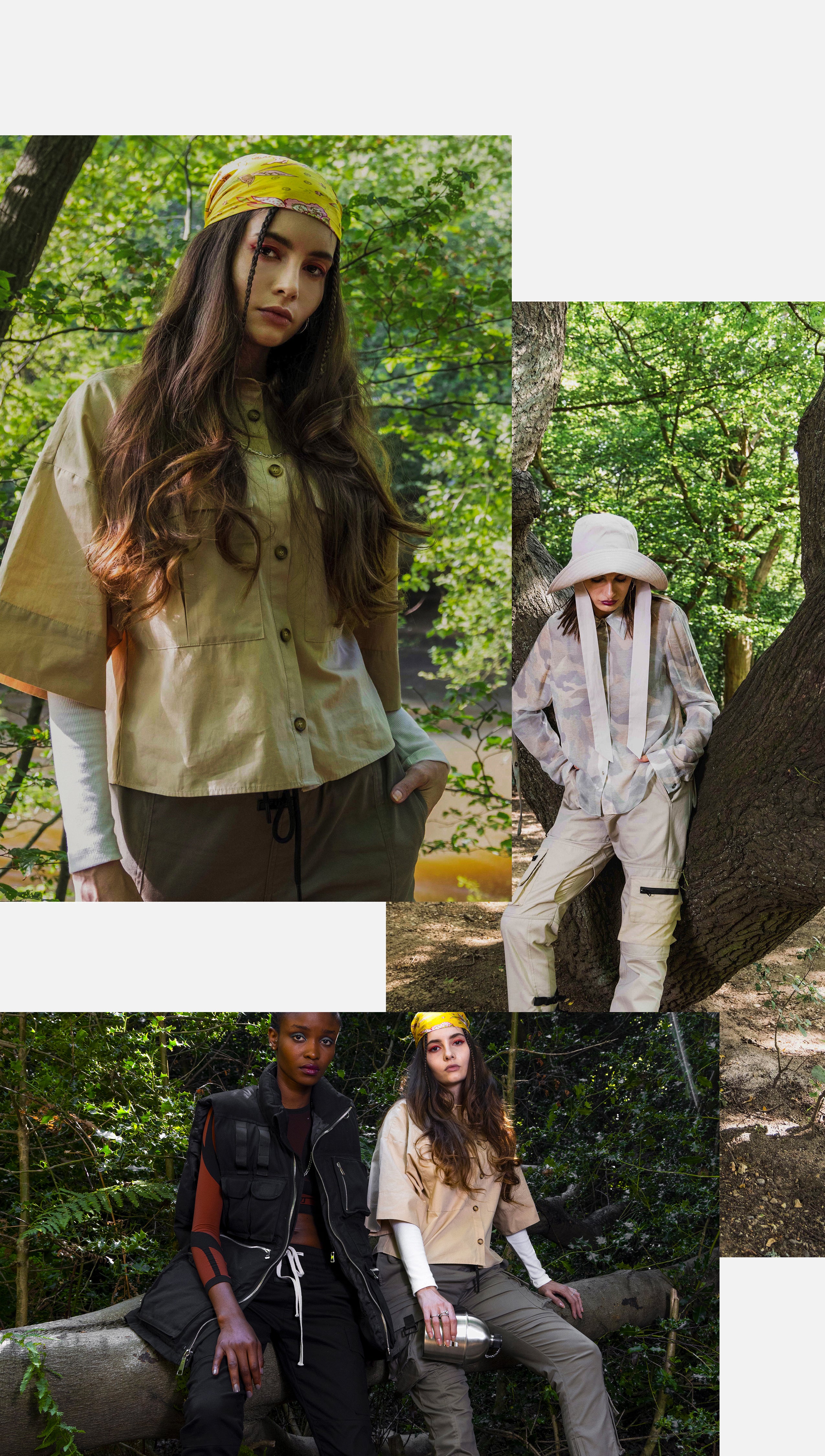 Four female models wearing cargo pants and jackets pose for a photo in a forest.