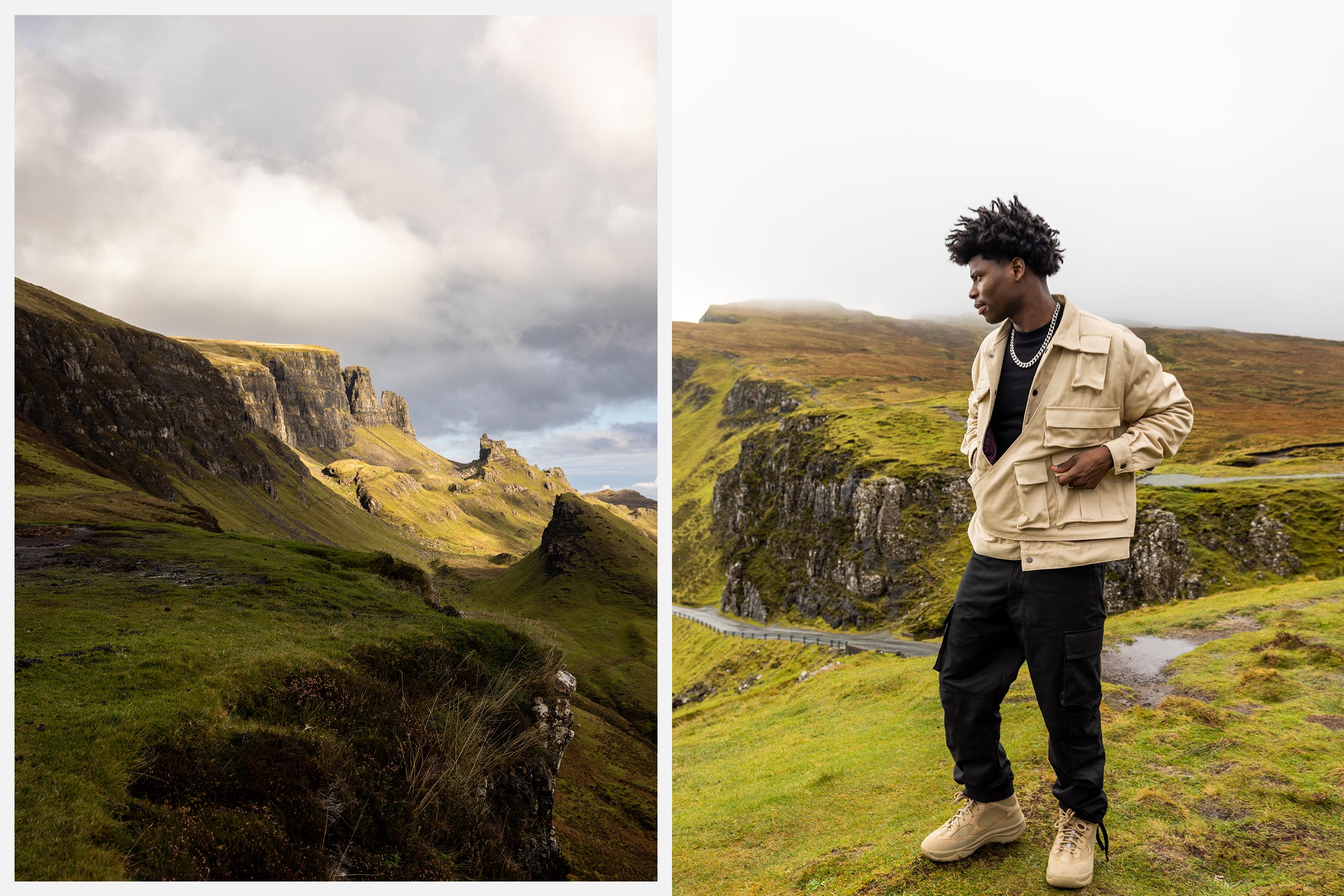 A male model in black cargo pants and jackets stands atop the Isle of Skye.