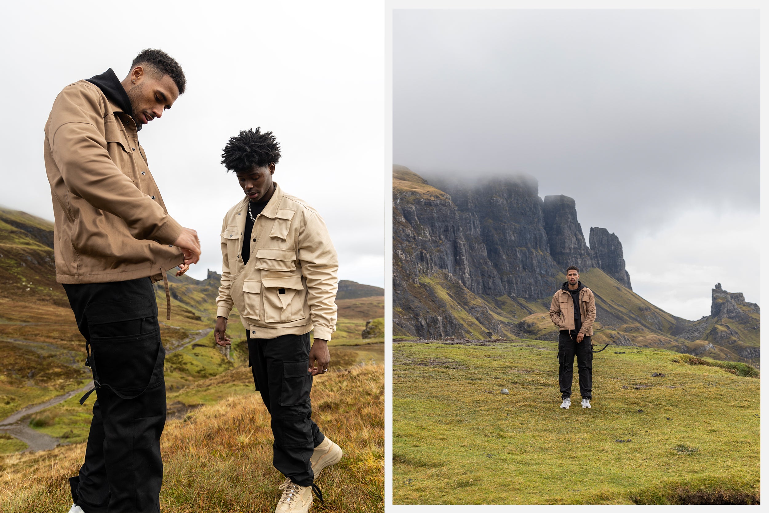 Three male models in black cargo pants and jackets stand atop the Isle of Skye.