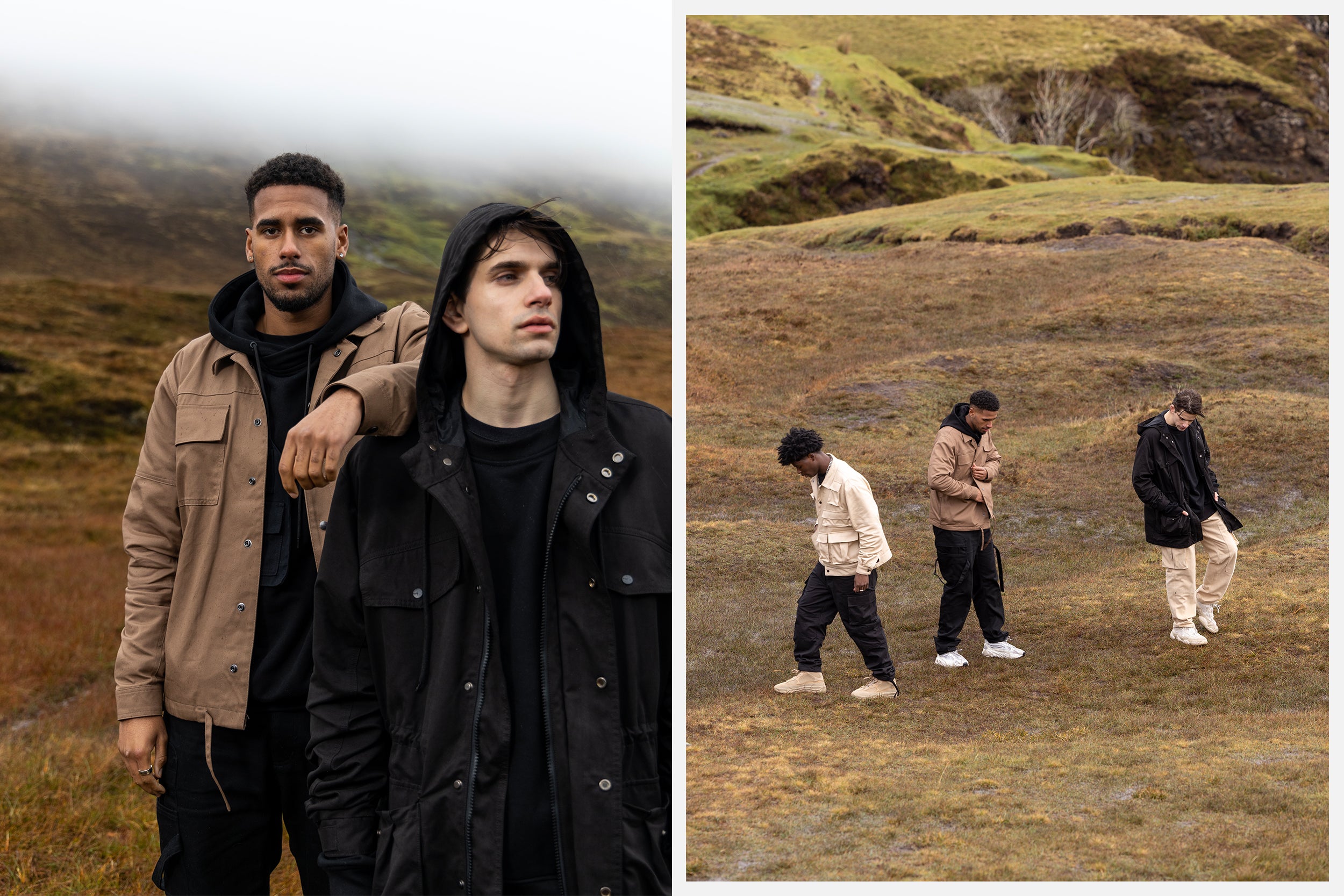 Three male models in black cargo pants and jackets stand atop the Isle of Skye.