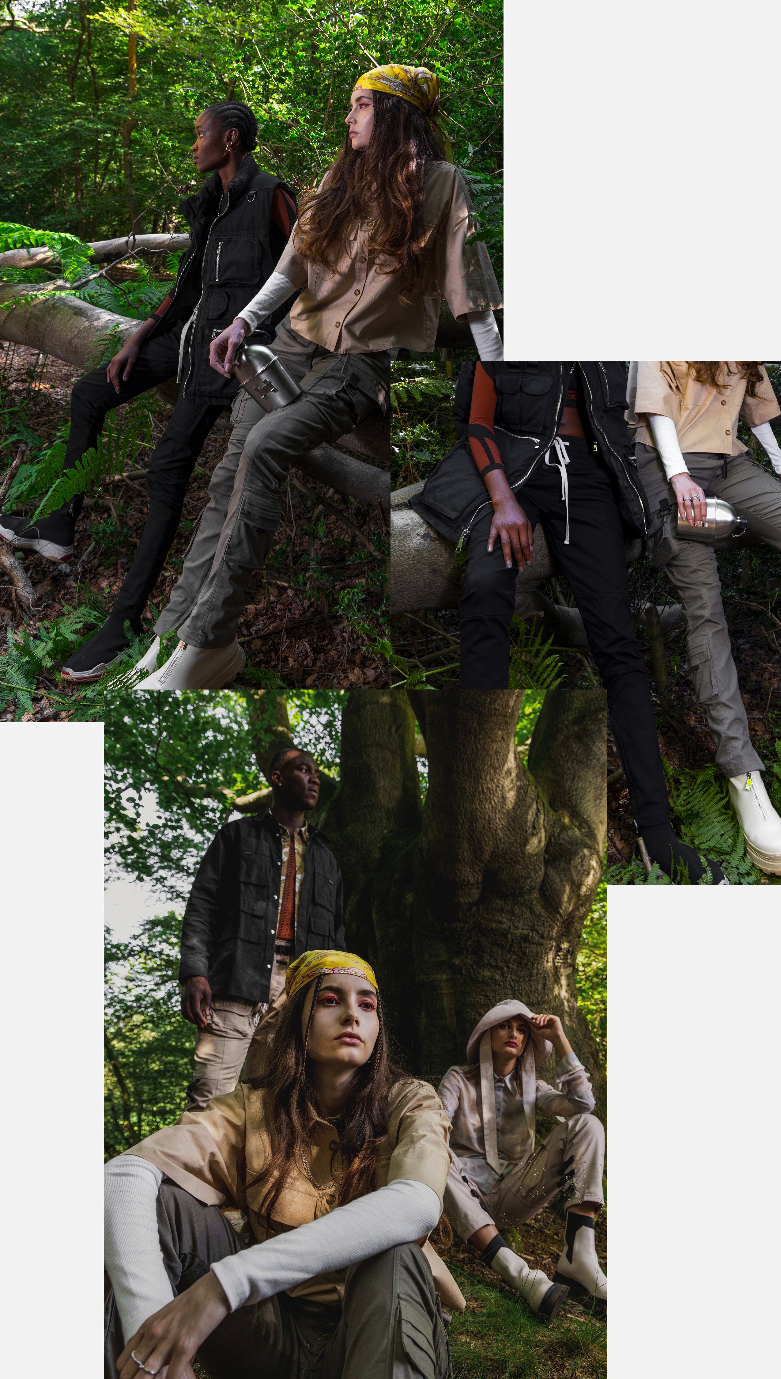 Models wearing cargo pants and jackets pose in  a forest.