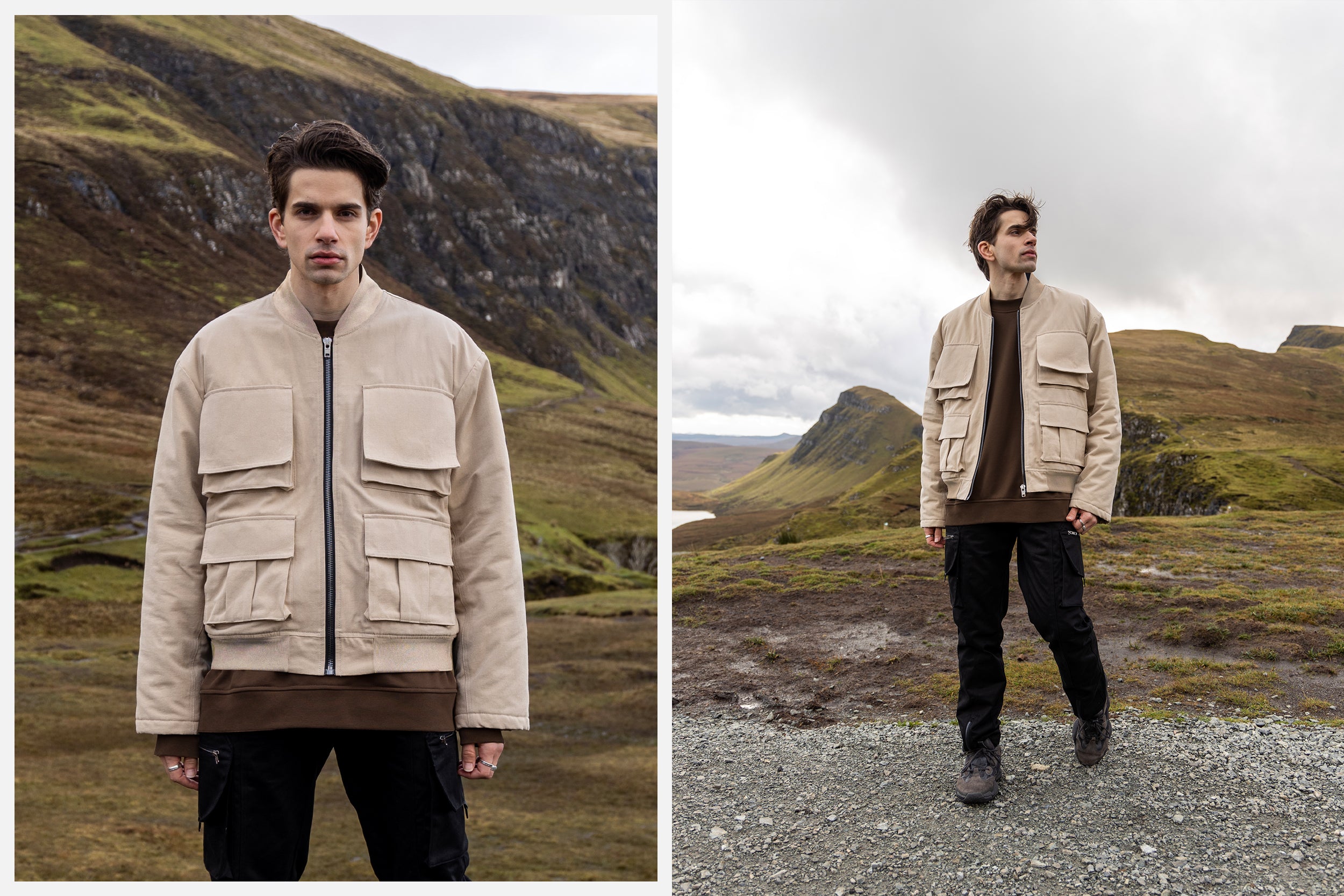 Three male models in black cargo pants and sand cargo jackets stand atop the Isle of Skye.