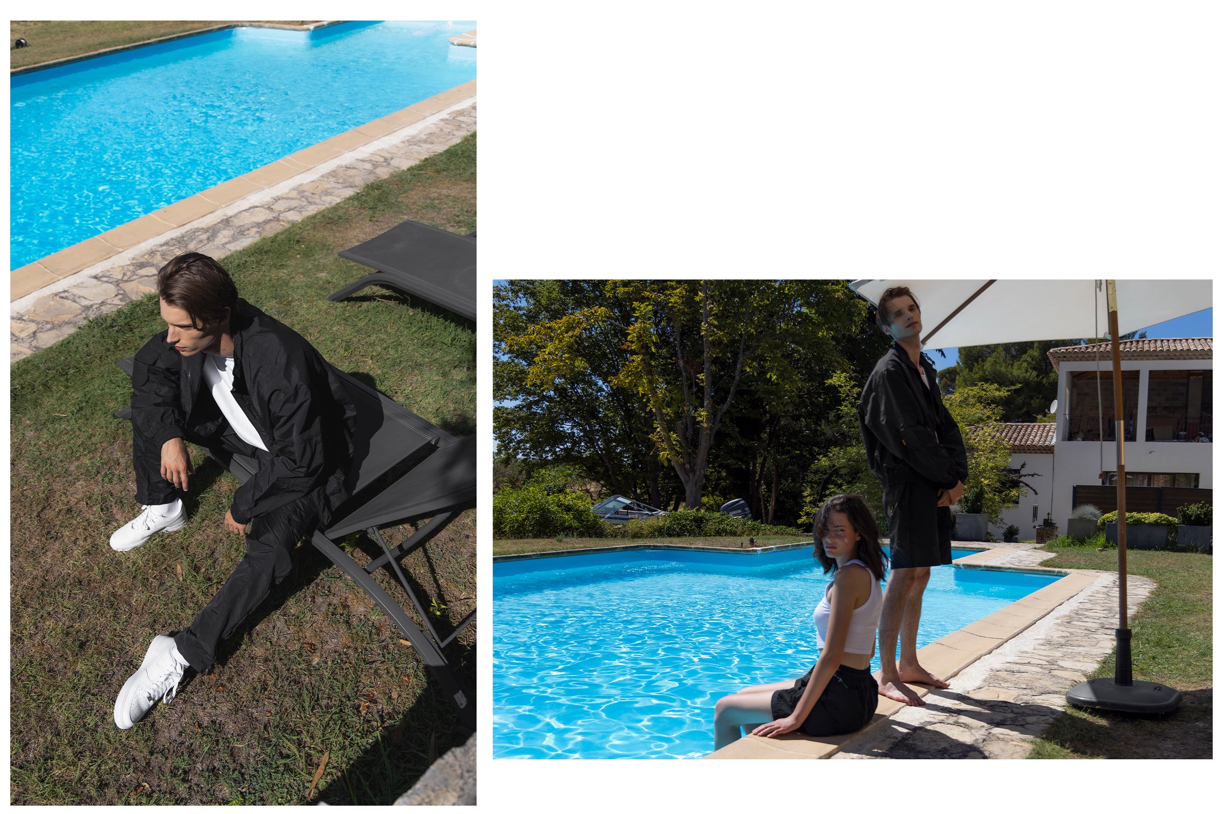 A male model wearing a black zip-up jacket and black cargo shorts is standing next to a pool, while a female model wearing a white tank top and black cargo shorts is sitting next to the pool.