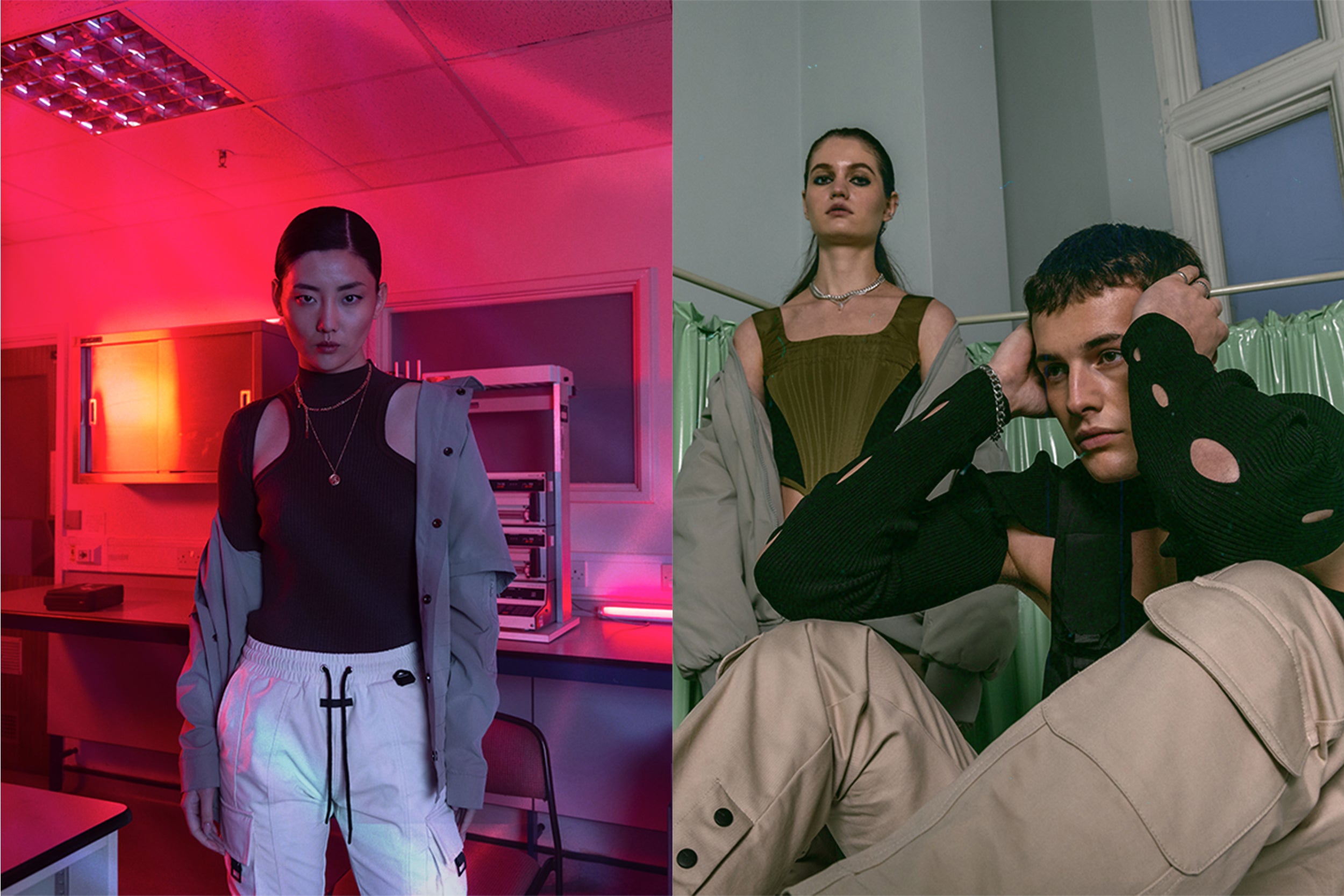 A female model wearing a bomber jacket and white cargo pants is posing in a laboratory.