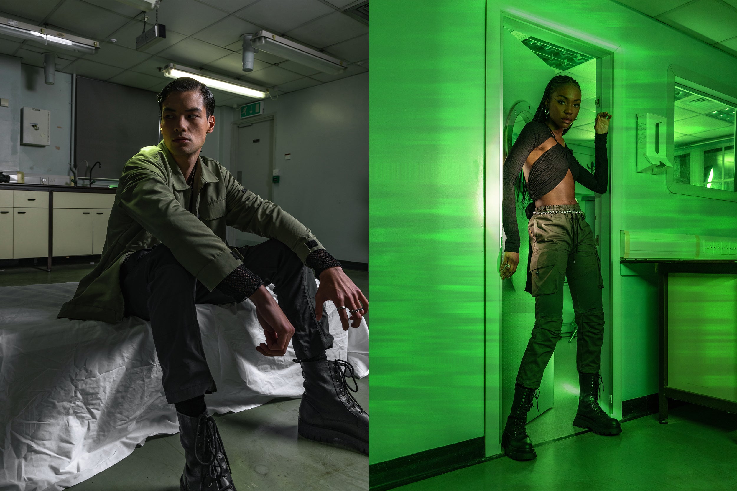 A male model is wearing a green zip-up shirt jacket and black cargo pants, while a female model is wearing a crop top and green cargo pants.