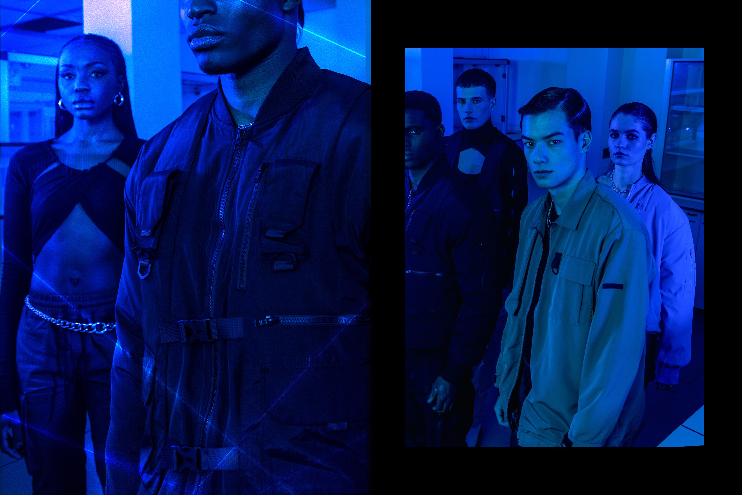 Six models wearing cargo pants and jackets pose in a laboratory.