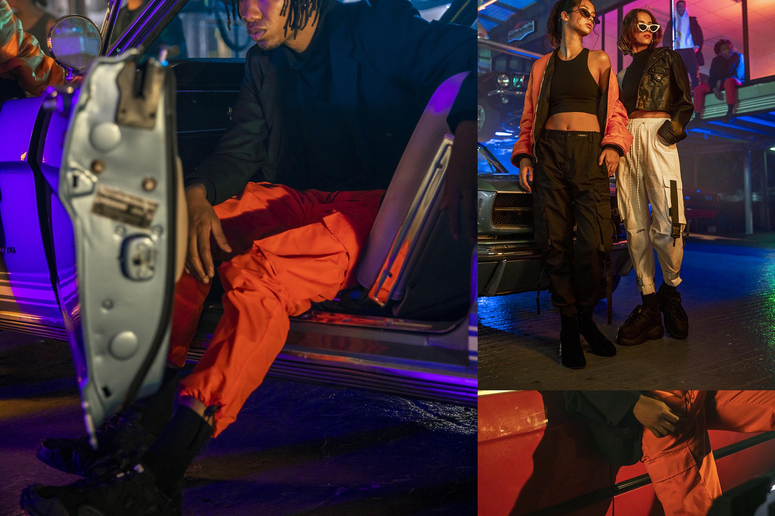 Three models wearing cargo pants and jackets are standing in a scrapyard, with bright neon colors in the background.