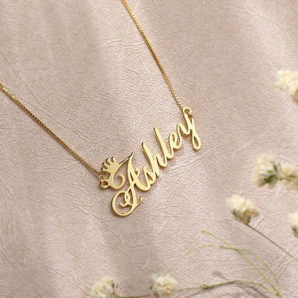 gold name necklace with crown