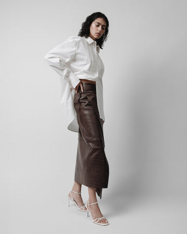 white shirt brown wrap skirt leather