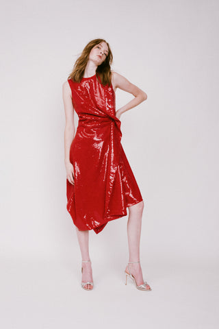 red draped sequin dress