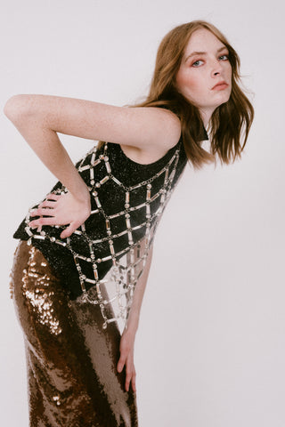 brown sequin skirt crystal top