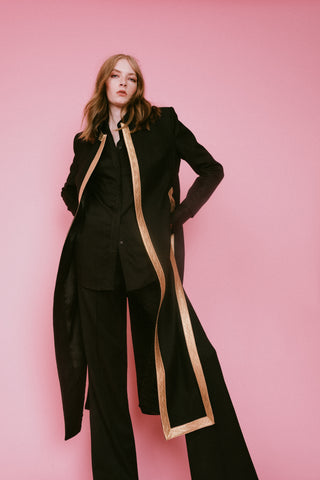 long black jacket with gold trim