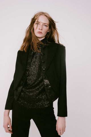 black jacket with black brocade facing