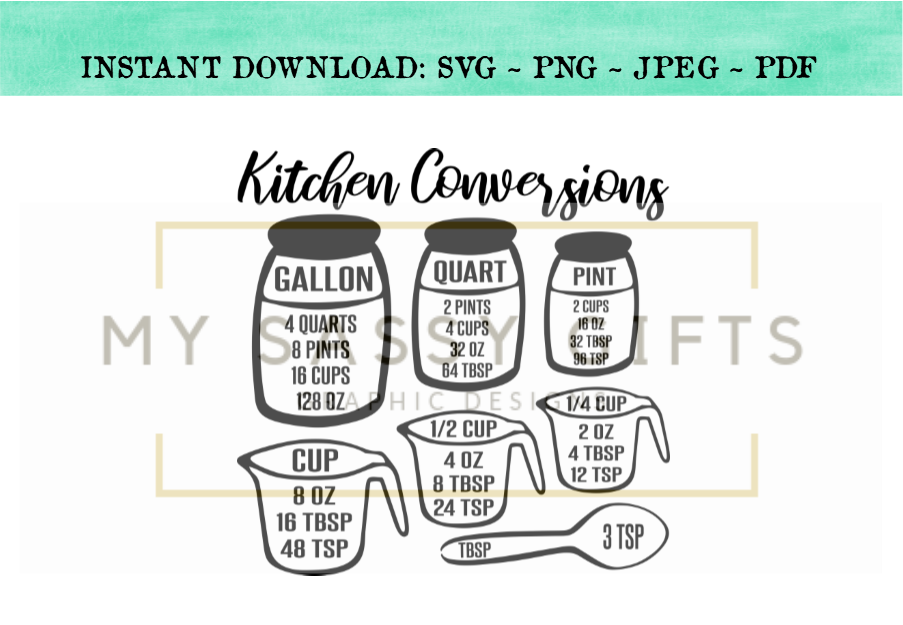 Download Kitchen Conversion Chart or Measurement Cheat Sheet SVG Graphic Design - My Sassy Gifts