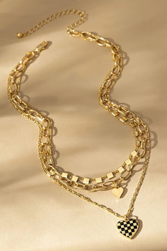 3 row unique chain and checker heart necklace
