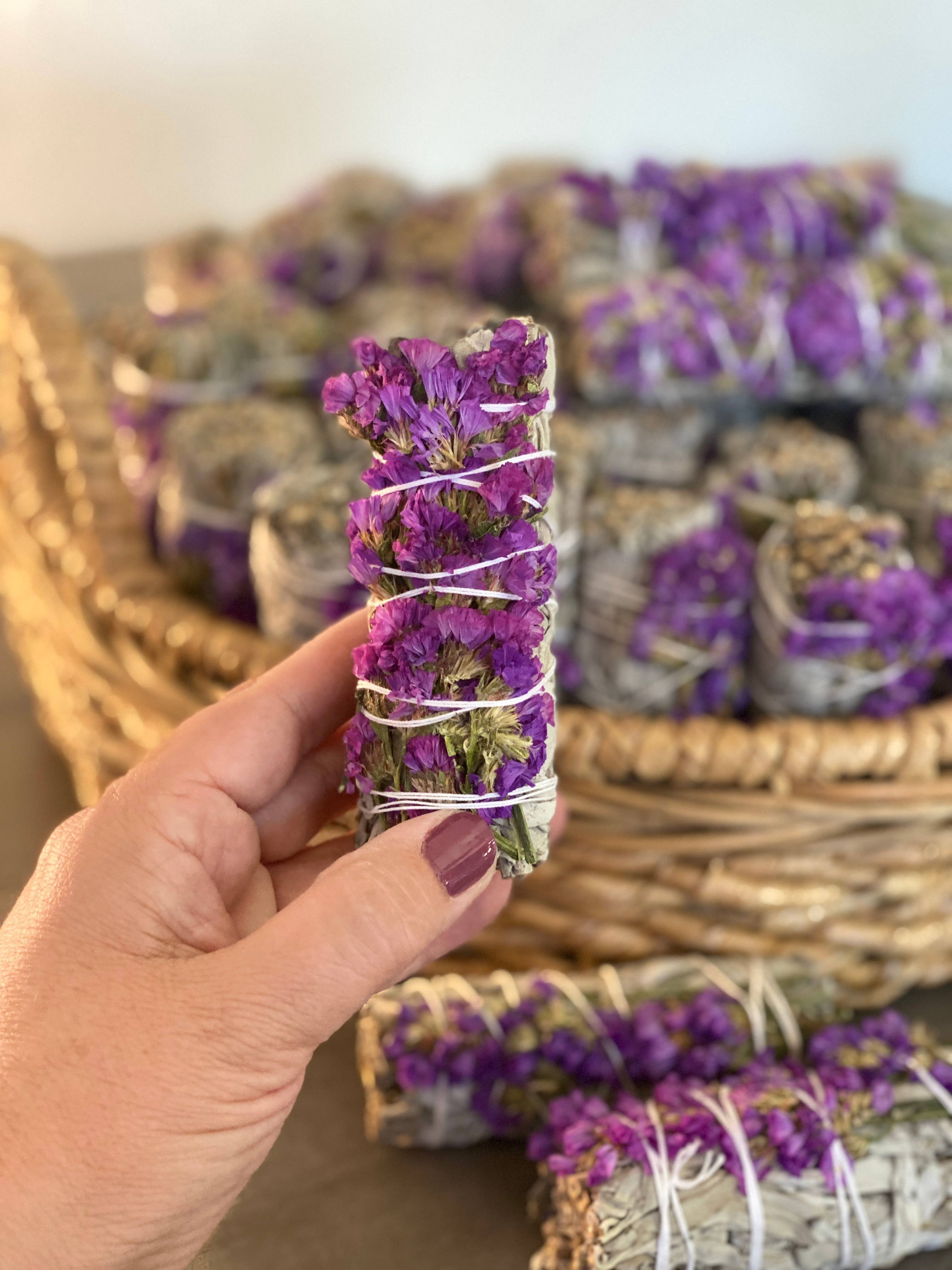 White Sage Smudge Sticks w/ Purple Flowers