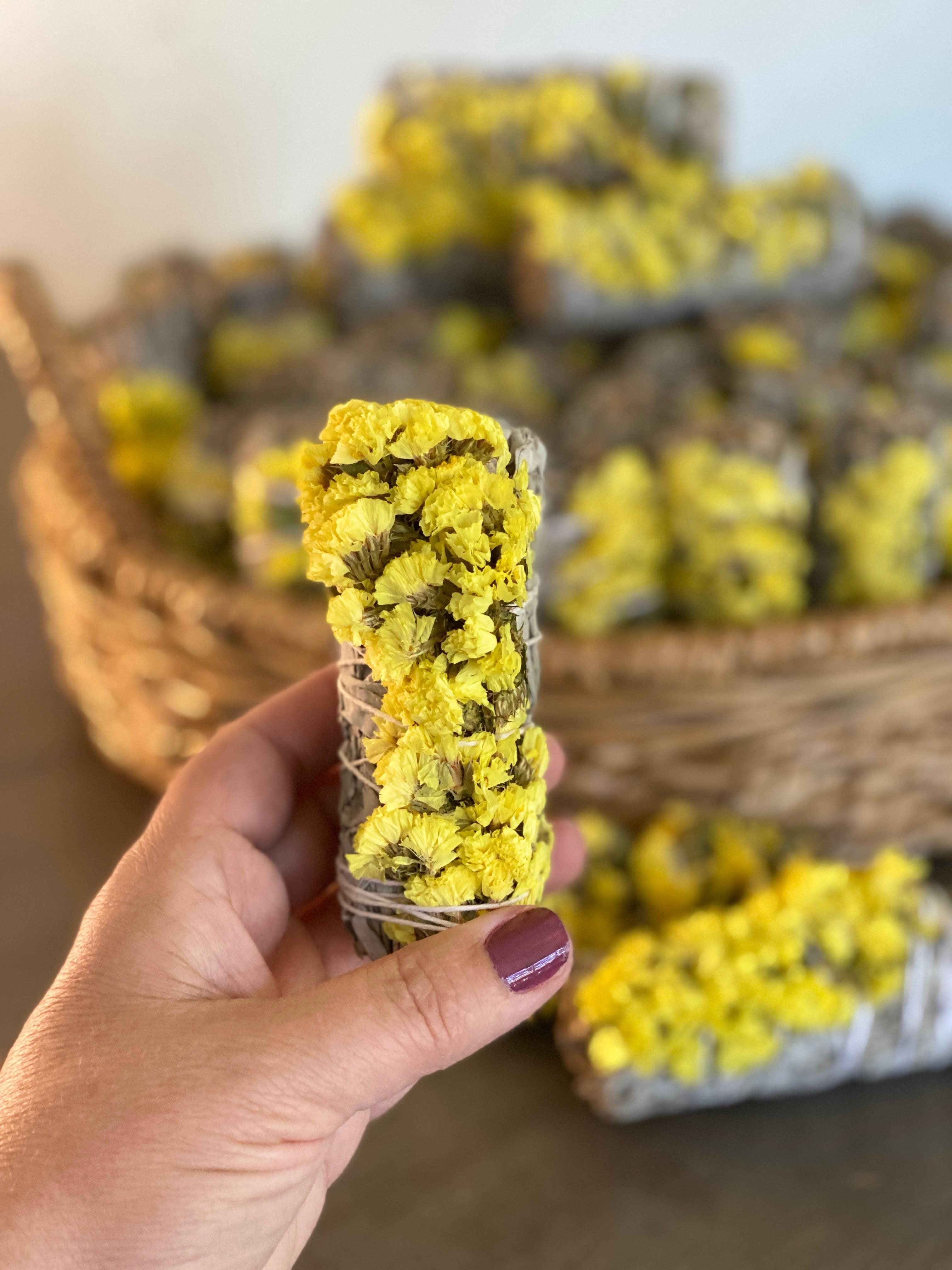 White Sage Smudge Stick w/ Yellow Flowers