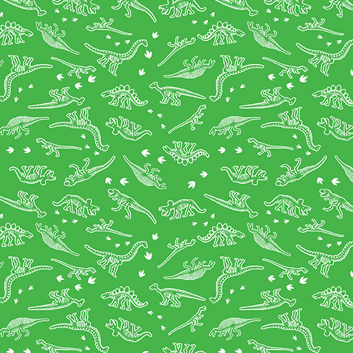 Glow-O-Saurus Mini Dino Skeletons Green Fabric by Benartex, Dinosaurs Fabric
