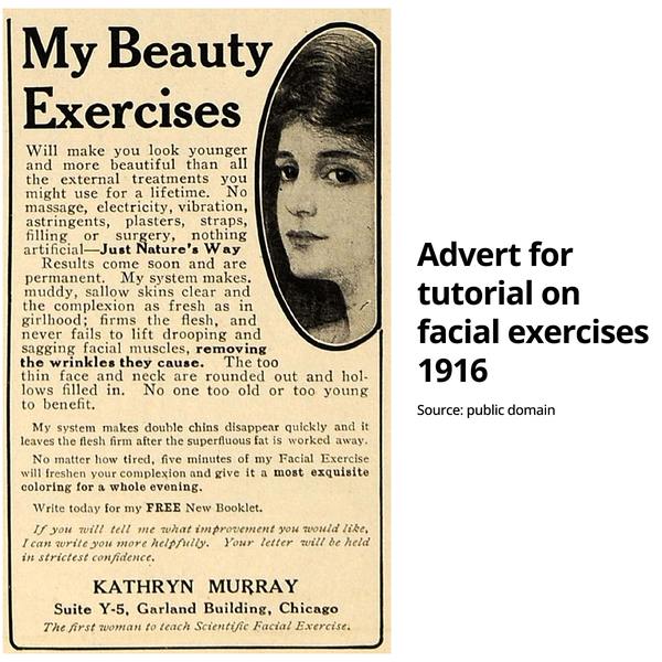 Advert for tutorial on facial exercises by Kathryn Murray from 1916