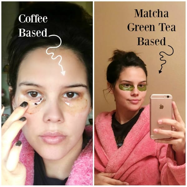 Split image. Left half shows coffee based under eye mask applied to Alexis's face. Right half shows Alexis taking a selfie with matcha green tea mask applied to her under eye area.