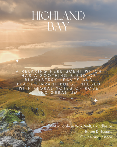 Infographic for our Highland Bay scent. Background is a photo of the landscape on the Isle of Skye overlayed on top is a paragraph describing our highland bay scent