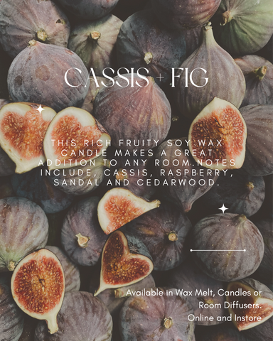 Photo of figs with text written over top describing our Cassis and Fig Scent