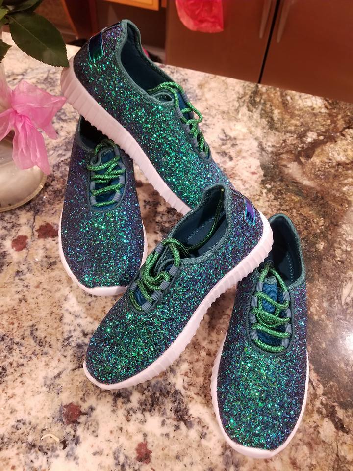 Mellow campus pomp Green Glitter Glam Sneakers: Lightweight Women's & Girl's Fashion Sneakers  – LuLu Grace