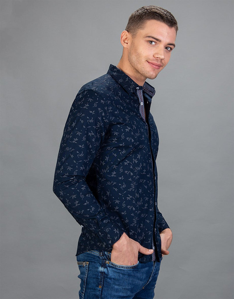 Grey Floral Printed on Dark Blue Super Slim Fit Men Shirt – Tudors | Shirt  Kingdom