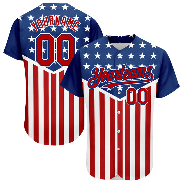 Custom Royal White-Red American Flag Fashion Authentic Baseball Jersey Youth Size:L