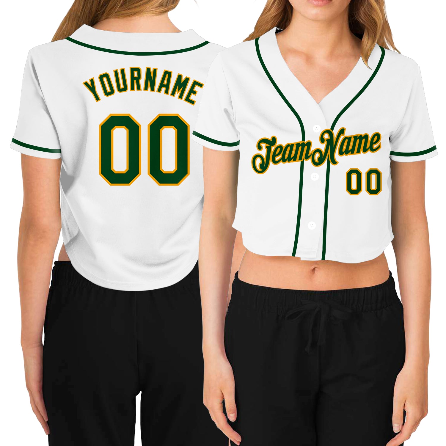 Custom Women's White Green-Gold V-Neck Cropped Baseball Jersey Discount