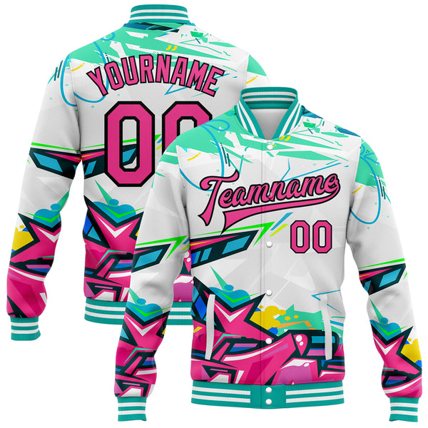 Custom Varsity Letterman Jacket Pink Teal-White Bomber Full-Snap Youth Size:L