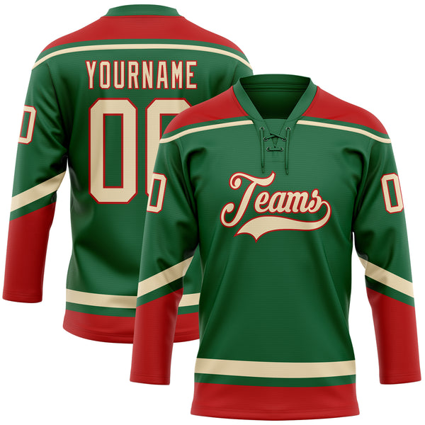 Custom Green Cream-Red Hockey Jersey Men's Size:S