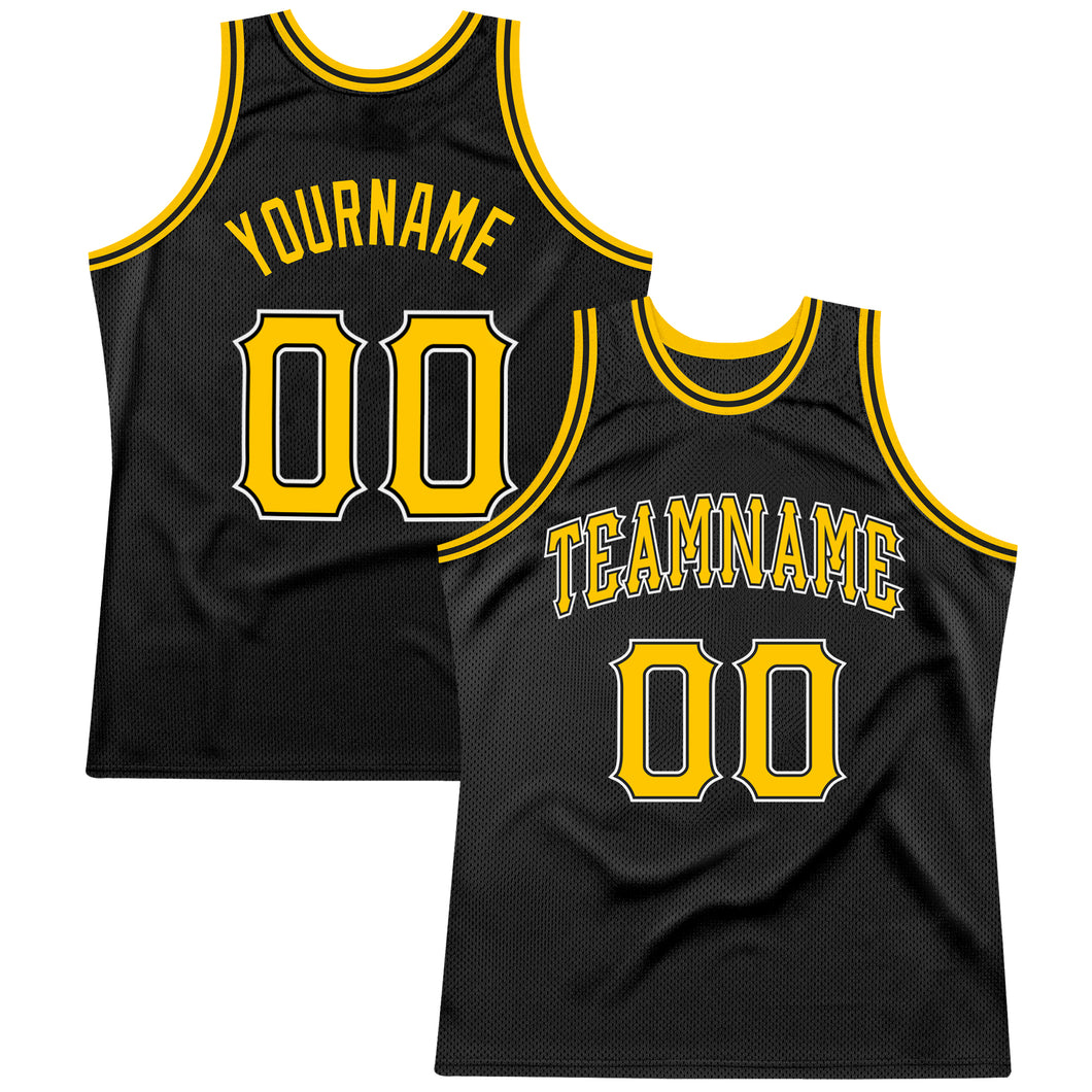 Custom Team White Basketball Authentic Black Throwback Jersey Gold