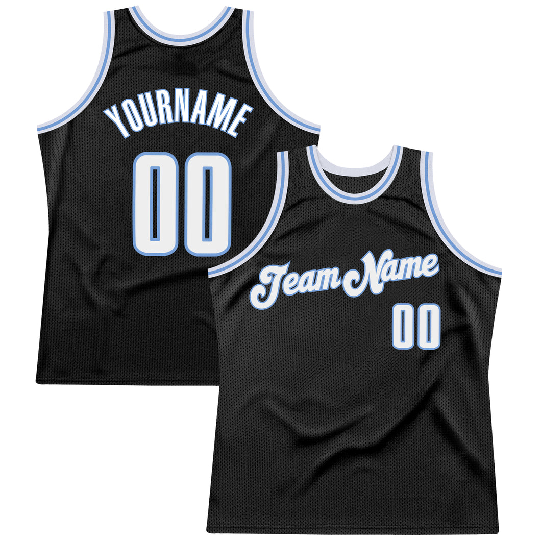 Custom Team Light Blue Basketball Authentic Black Throwback Jersey White