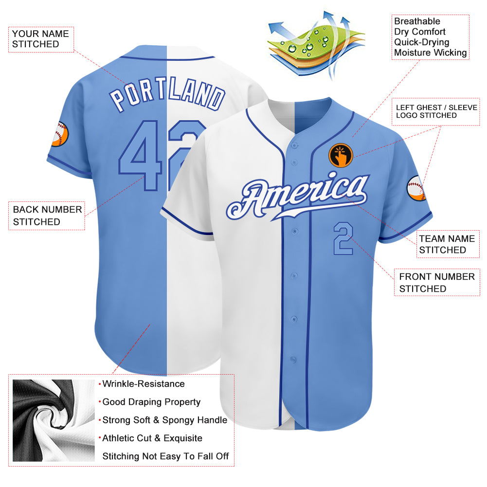 Custom White Light Blue-Royal Authentic Split Fashion Baseball Jersey ...