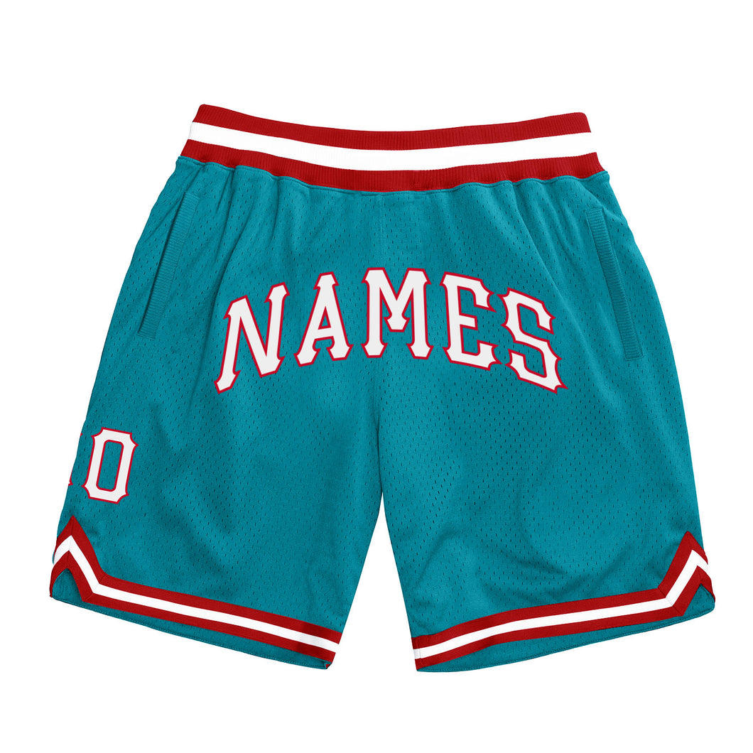 Custom Team Red Basketball Authentic Teal Throwback Shorts White
