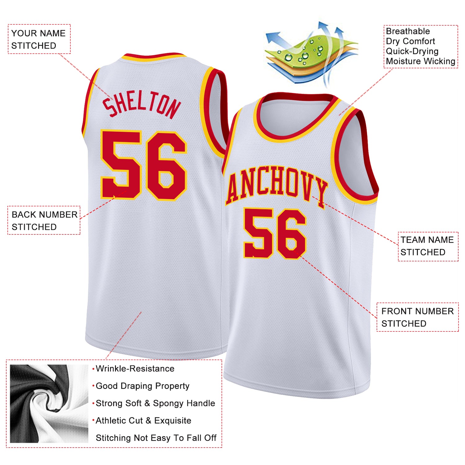 Custom Team Gold Basketball White Rib-Knit Jersey Red